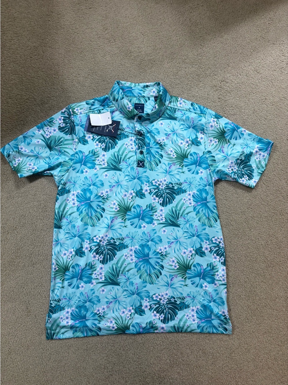 Men's Tropical Floral Polo Shirt - Aqua Teal